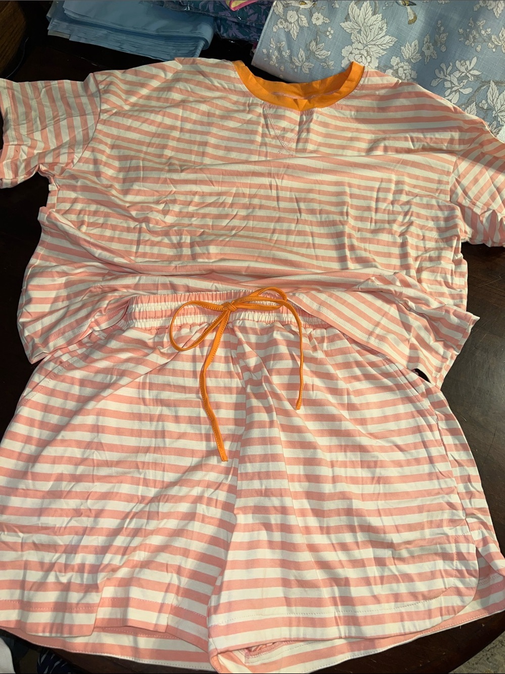 Amazon Pink and White Striped Two-Piece Lounge Set with Orange Trim